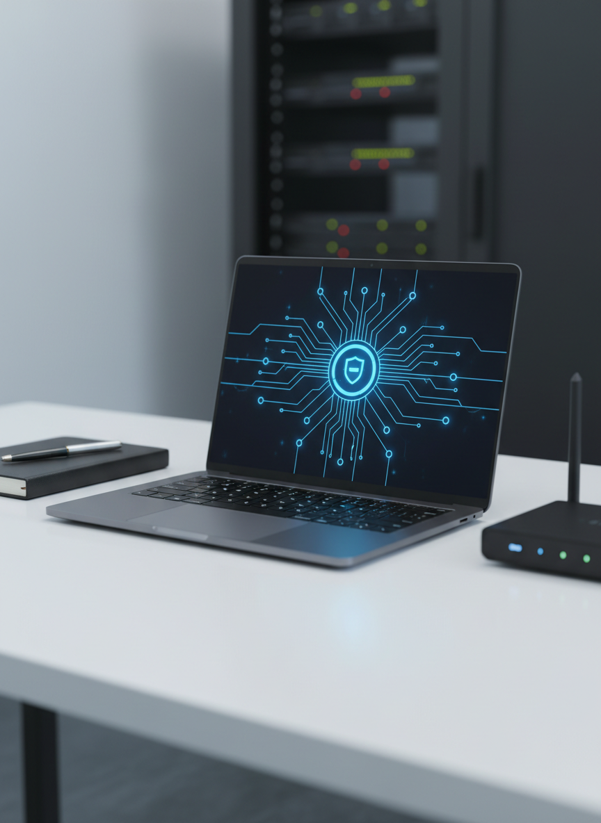 A sleek, dark brushed-metal laptop open on a clean white desk, its screen displaying a high-contrast network diagram with glowing blue nodes and connecting lines, symbolizing cybersecurity defenses. Around it lie a neatly arranged black notebook, a silver pen, and a compact router with softly illuminated status lights. The scene is set in a minimalist, modern workspace with a blurred server rack in the distant background. Cool, diffused daylight enters from the left, creating gentle reflections on the laptop chassis and subtle shadows on the desk. Photographic realism, eye-level composition with shallow depth of field keeps the laptop and diagram in crisp focus, conveying a professional, focused, entry-level cybersecurity portfolio atmosphere.