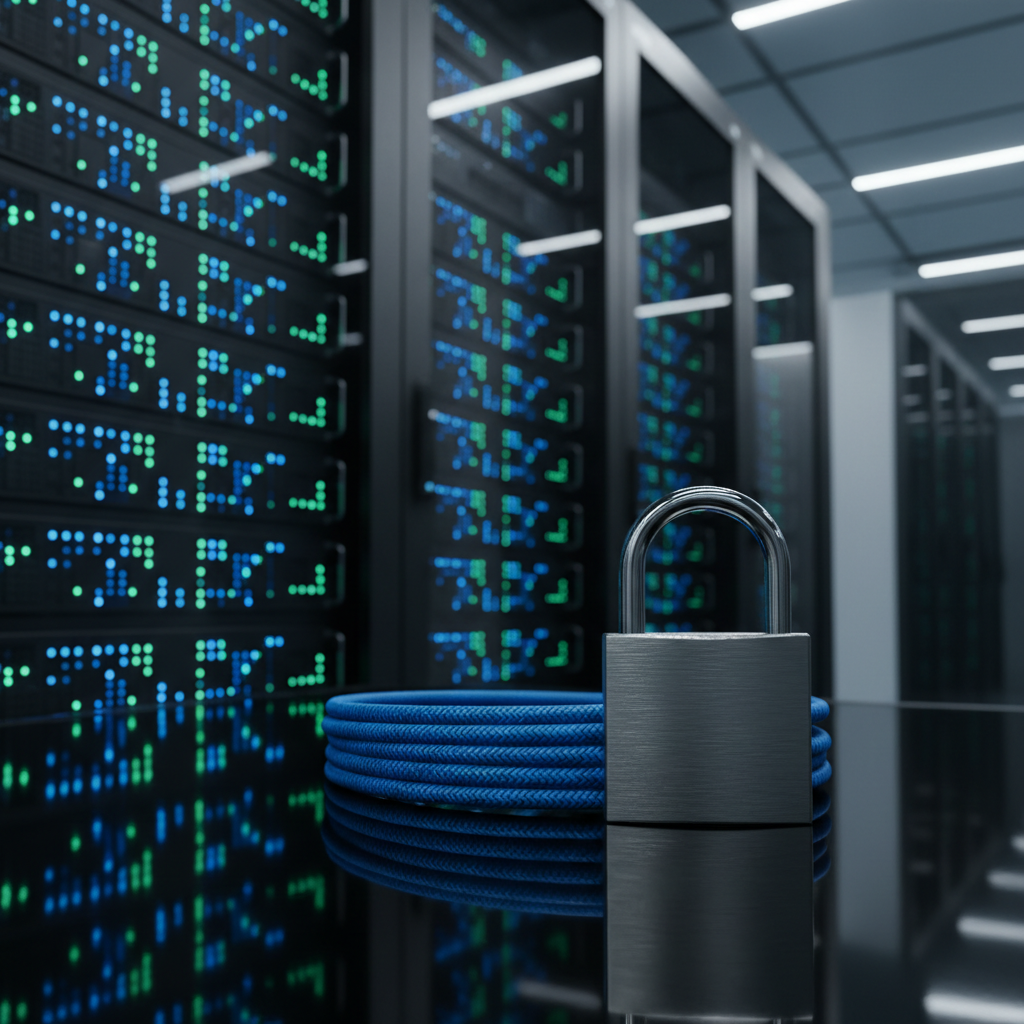 A close-up of a secure server rack in a modern data center, filled with matte black servers, each with tiny blue and green LED lights forming precise patterns. In the foreground, a brushed-steel padlock rests on a coiled blue Ethernet cable atop a reflective black surface, symbolizing protected networks. The environment is clean, with geometric lines and faint reflections from glass doors. Cool overhead LED lighting casts controlled highlights on the padlock and cable while leaving the background slightly darker. Shot with a slightly low angle and shallow depth of field, the focus centers on the padlock and cable. Photographic realism, clean and modern, with a serious, professional mood emphasizing cybersecurity defense and reliability.