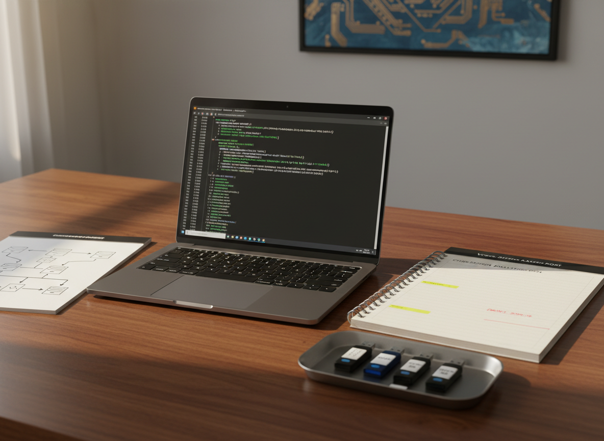 A polished wooden desk featuring an organized cybersecurity project workspace: an open dark-grey laptop showing a terminal window with neat, readable code, a printed vulnerability assessment report with highlighted sections, and a small stack of neatly labeled USB drives in a metallic tray. A subtle network topology sketch is visible on a white notepad, drawn with precise lines. Soft afternoon light from a nearby window casts warm, natural illumination, creating gentle shadows and highlighting the paper texture and brushed aluminum laptop finish. The background fades into a blurred, neutral wall with a subtle framed abstract circuit-pattern artwork. Photographic realism, slightly elevated angle with rule-of-thirds composition, projecting a disciplined, hardworking, entry-level professional preparing portfolio materials.