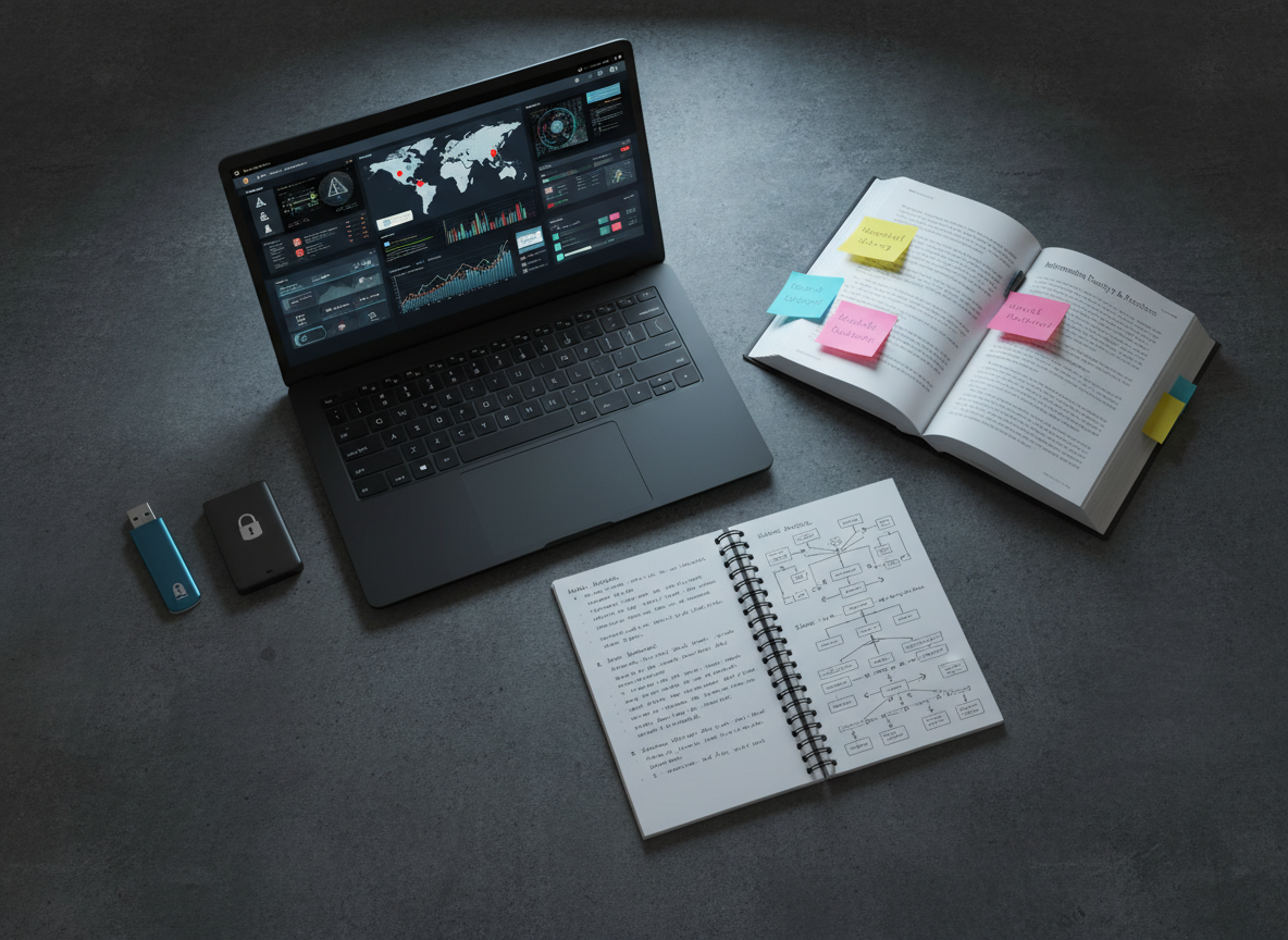 An overhead photographic view of a dark, textured desk surface showcasing cybersecurity learning in progress: a slim black laptop displaying a colorful dashboard of security alerts, an open textbook on information security with annotated sticky notes, and a spiral notebook filled with neatly written bullet points and hand-drawn network diagrams. A metallic-blue USB security key and a locked external hard drive lie to the side, adding emphasis on data protection. Cool, soft desk-lamp lighting pools gently around the center of the scene, leaving the edges subtly vignetted. The composition is balanced and tidy, with sharp focus across the frame, creating a studious, determined mood. Photographic realism with a professional, academic aesthetic suited for showcasing program-based cybersecurity projects.